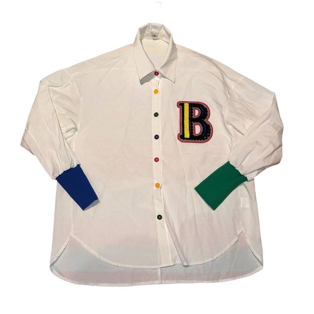 Bella's Attic Boutique The BADDIE Varsity Shirt White Cotton Button Down Large‎